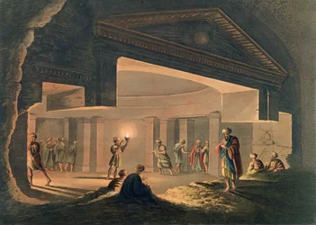 アレクサンドリアのカタコンベの内部ビュー、「エジプトの景色」のプレート11、トーマスミルトン（1743-1827）のパブで彫刻。ロバート・ボイヤー（1758-1834）1802（アクアチント）